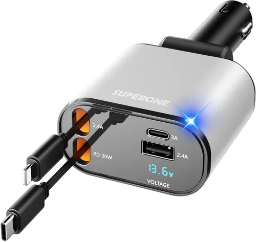 Miniatura 9 de SUPERONE - Cargador retráctil para automóvil 4 en 1, cargador de teléfono rápido para automóvil con cable de 2.6 pies, USB C y adaptador