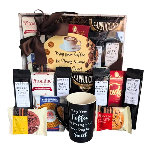 Cesta de regalo de café con taza, juego de regalo de chocolate y galletas gourmet para todas las ocasiones: cumpleaños, gracias, aniversario,