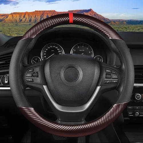 Miniatura 7 de LoyaForba Funda de volante de fibra de carbono para coche, cuero de microfibra transpirable para mujeres y hombres, protector de volante Café