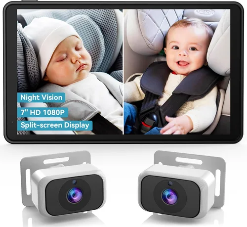 pemacom Cámara para Coche Infantil para 2 Niños: Pantalla IPS de 7 Pulgadas con Cámaras Duales para Asientos de Coche, Pantalla Dividida, Visión