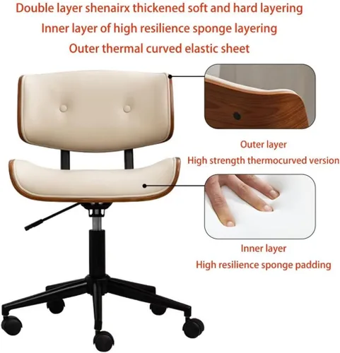 Miniatura 5 de Silla de oficina en casa con ruedas, silla de oficina cómoda y suave sin brazos, silla de oficina tapizada, silla de computadora giratoria moderna
