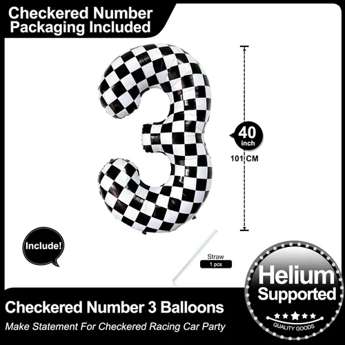 Miniatura 2 de Lovoir Globos gigantes de 40 pulgadas con temática de autos de carreras con el número 3, color negro y blanco para decoración de fiesta de tercer