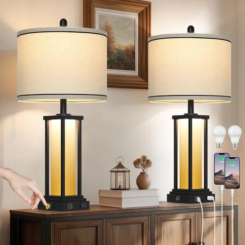 Miniatura 12 de 27in Tall Farmhouse Table Lamp with USB C+A & Outlet,Black Industrial End Table Lamp for Living Room,Vintage Rustic Bedside Lamp with Night Light
