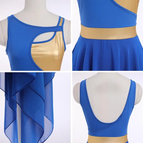Miniatura 6 de AFAVOM Disfraz de baile lírico para mujer, vestido de lentejuelas con flores, falda asimétrica de tul fluida, disfraces de danza contemporánea
