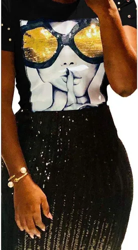 Miniatura 2 de PESION - Camiseta de manga corta para mujer con lentejuelas, cuello redondo y divertido estampado