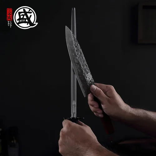 Miniatura 9 de MITSUMOTO SAKARI Varilla de Acero para Afilar de 10 Pulgadas - Varilla Redonda para Afilar Cuchillos, Acero de Alto Carbono Recubierto de Diamante