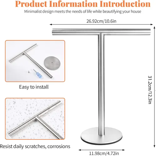 Miniatura 4 de Soporte de toalla de mano para baño, soporte de toalla de 13 pulgadas en forma de T, barra de toalla de pie, acabado de acero inoxidable SUS304 Plata