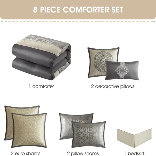 Miniatura 4 de Grand Avenue - Juego de edredón de damasco de patchwork plateado/marfil, 8 piezas, funda de almohada de jacquard, falda de cama, almohada