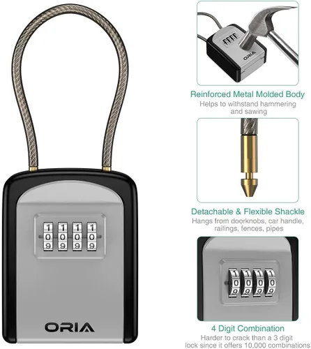 Miniatura 3 de ORIA Caja de bloqueo de llave, caja de seguridad de combinación de 4 dígitos, caja fuerte para llaves, capacidad de 5 llaves con cadena extraíble