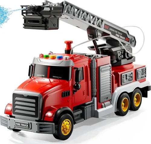 Miniatura 11 de JUKUDAHU Camión de bomberos de juguete para niños de 3, 4, 5, 6, 7, 8 años, juego de camiones de bomberos con escalera giratoria, sonido y luz