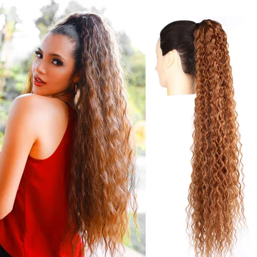 Miniatura 9 de Extensiones de cola de caballo de color marrón oscuro, extensiones de cabello humano real rizado con cordón, extensiones de cabello humano real