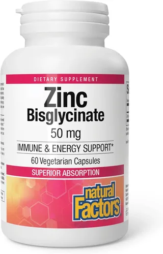 Natural Factors Bisglicinato de zinc 50 mg - Suplemento de zinc altamente absorbible - Apoyo inmunológico - Apoya la salud de la piel y el cabello -