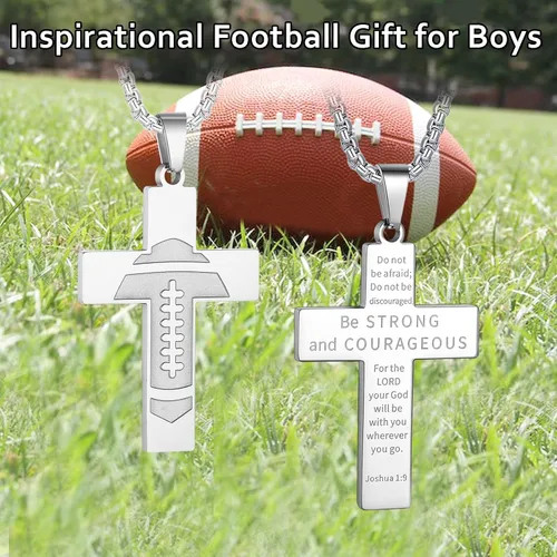 Miniatura 5 de Collar de cruz de fútbol Colgante inspirador de versículo bíblico para niños, cadena de acero inoxidable, 22 + 2 pulgadas, joyería deportiva