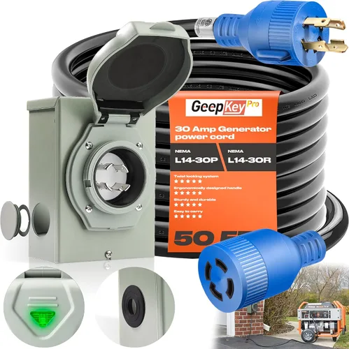 Miniatura 8 de Cable generador de 30 amperios y caja de entrada de alimentación [preperforada], cables de generador de 25 pies de 30 amperios, 125/250 voltios