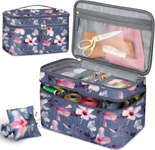 FINPAC Estuche organizador y almacenamiento de accesorios de costura, kits de costura de doble capa con cojín de pasador de muñeca para hilos,