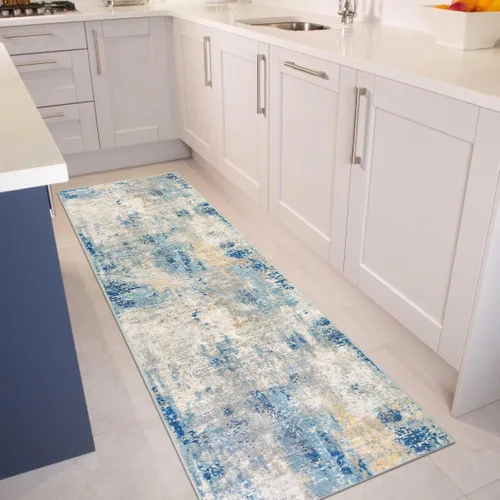 Miniatura 3 de Lahome Alfombra moderna abstracta azul para baño, alfombra larga lavable de 2x6 para pasillo, suave, antideslizante, alfombra de piso azul, alfombra
