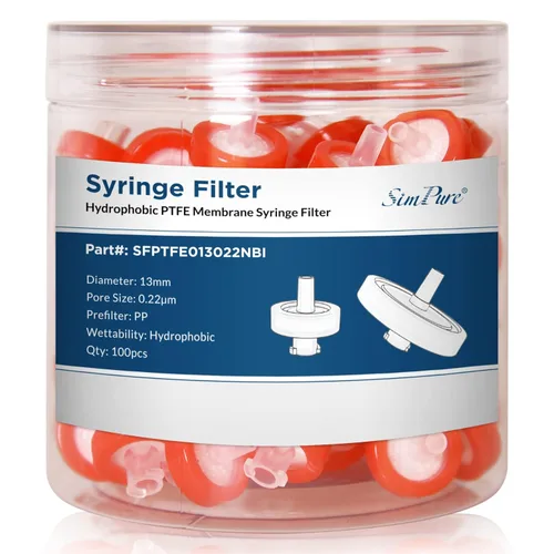 SimPure Filtro de jeringa Membrana hidrofóbica de PTFE 100 PCS, tamaño de poro de 0.22um, diámetro de disco de 0.512 in, filtro de aguja HPLC y GC,