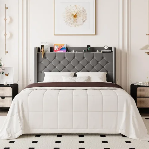 Miniatura 11 de Allewie - Base de cama tamaño King, cabecero con almacenamiento y estación de carga, tapizado en terciopelo, botones cosidos en forma de diamante