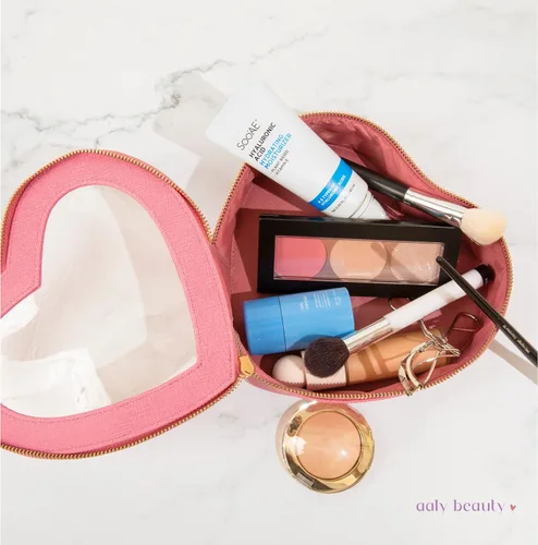 Miniatura 7 de Bolsa de maquillaje con forma de corazón – Bolsa de cosméticos de corazón rosa con cubierta transparente – Ideas de regalo para mujeres, mamá