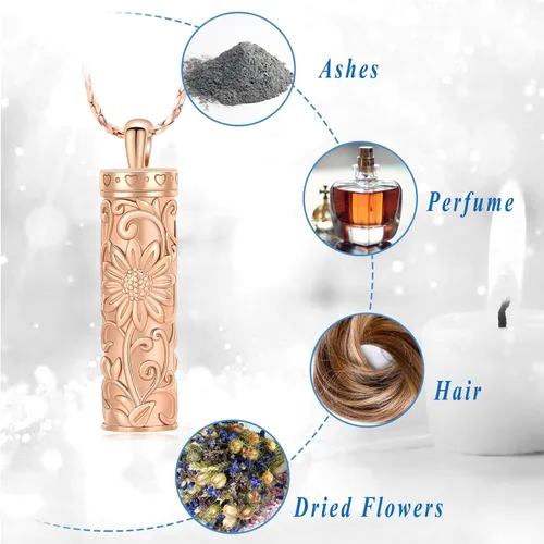 Miniatura 32 de Collar de urna de girasol para cenizas, collar de barra cilíndrica para cenizas para mujer, colgante de recuerdo para cenizas, joyería de cremación