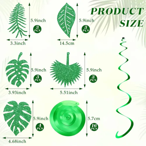 Miniatura 2 de 32 piezas hawaianas Luau para fiesta, hojas de palmera, remolinos, decoración colgante de techo, decoración verde, fiesta tropical para verano, baby