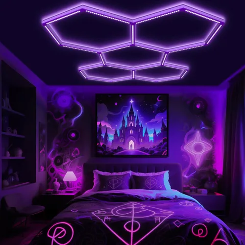 Miniatura 4 de Paquete de 24 luces negras LED hexagonales, 168W, 5 rejillas de luz negra UV con enchufe de EE. UU. para fiesta de neón, Halloween, pintura corporal
