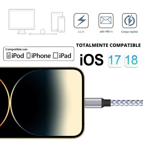 Miniatura 3 de TAKAGI Cable Lightning de nailon trenzado de 6 pies para iPhone con certificación MFi, cable de carga USB de alta velocidad compatible con iPhone