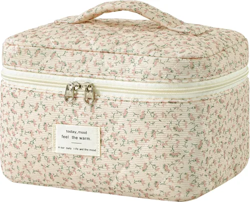 Miniatura 26 de HBselect Bolsa de Maquillaje Acolchada, Bolsa de Maquillaje Grande de Algodón para Viaje, Lindas Bolsas de Maquillaje con Flores Coquette, Bolsas