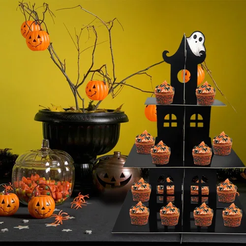 Miniatura 4 de Soporte de 3 niveles para cupcakes de Halloween, castillo de Halloween, soporte redondo de cartón, torre de postre, torre de árbol de postre