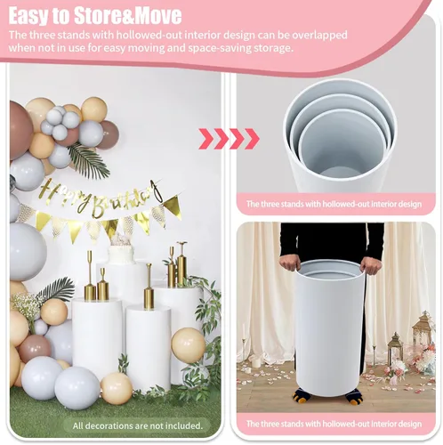 Miniatura 3 de LOYALHEARTDY 3 soportes de pedestal cilíndricos redondos de metal blanco, decoración de pedestal de fondo para mesa de postre para fiestas