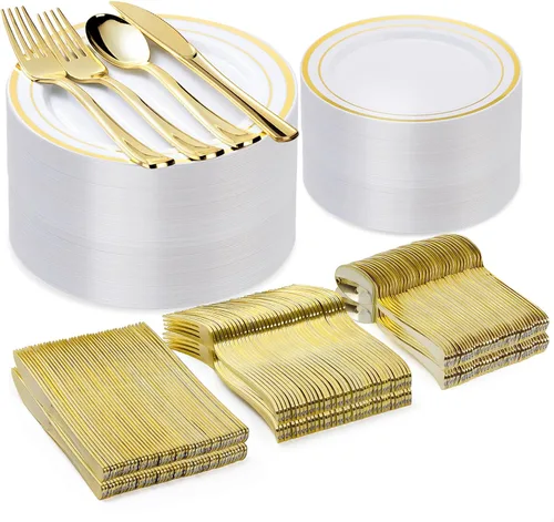BESTVIP Juego de 300 platos de plástico dorados (50 invitados), platos de plástico para fiestas, bodas, cumpleaños, juego de 100 platos, 100