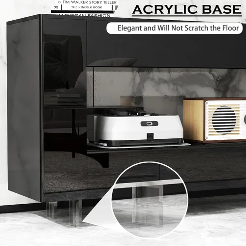 Miniatura 4 de Mueble de TV de alto brillo con 2 cajones grandes y puertas abiertas, moderno mueble de almacenamiento para consola de TV para sala de estar, Negro