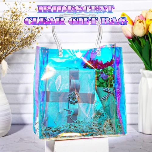 Miniatura 6 de Sherr 16 piezas bolsas de regalo pequeñas holográficas reutilizables iridiscentes transparentes para mujeres, portador de plástico de PVC con asas