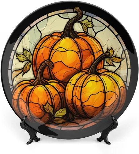 Platos decorativos de Halloween, tres calabazas otoñales, con estampado de vitrales, plato de cena de cerámica para el hogar con soporte de Tres