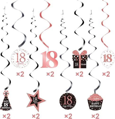 Miniatura 4 de Blulu 30 piezas de decoraciones de cumpleaños número 18 para niñas, remolinos colgantes de cumpleaños de oro rosa, decoraciones de techo, espirales