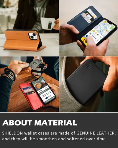 Miniatura 9 de SHIELDON Funda para iPhone 13 Mini 5G, cartera de piel auténtica, cierre magnético, ranuras para tarjetas, función atril, funda de protección Negro