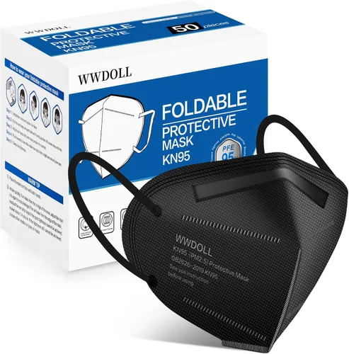 WWDOLL - Mascarillas KN95, 50 unidades, 5 capas transpirables, con cinta elástica para las orejas y clip de puente nasal, protección respiratoria,