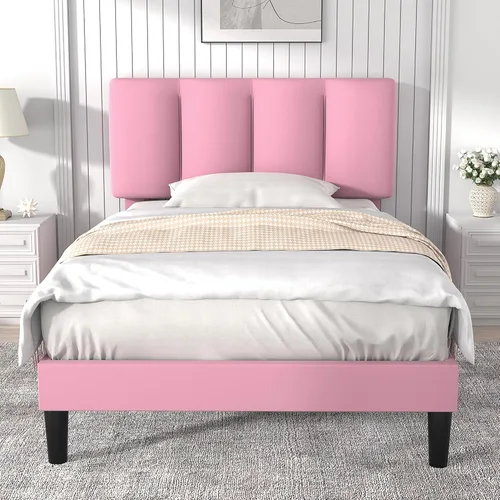 Miniatura 21 de VECELO - Base de cama tamaño individual con cabecera tapizada, plataforma con soporte de listones de madera de alta resistencia, no necesita somier