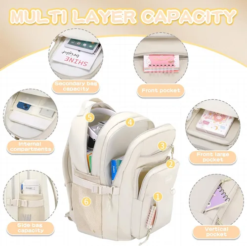 Miniatura 3 de PRAGARI Mochila para niños para la escuela, bonita mochila estética para niñas, mochila para estudiantes, bolsa de libros ligera de viaje para Beige