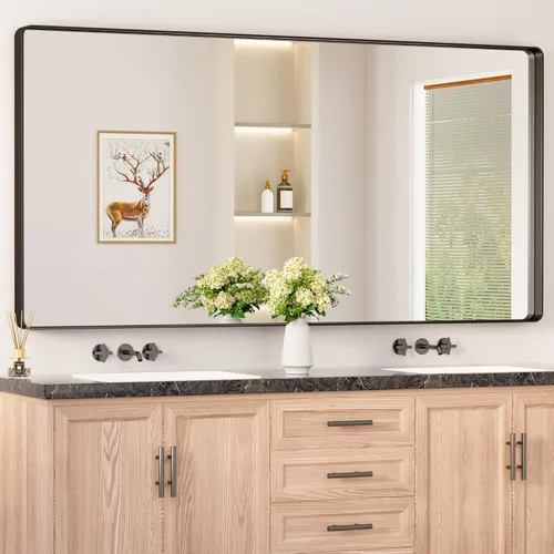 Miniatura 26 de Keonjinn Espejos de baño negros para sobre el fregadero, espejos cuadrados grandes de 36 x 36 pulgadas para pared, espejo rectangular redondeado