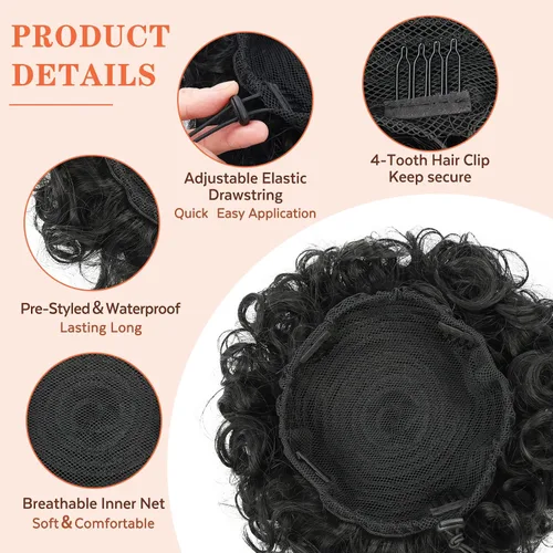 Miniatura 3 de Matthia Moño ondulado desordenado para mujer, moño corto y rizado con cordón, moño recogido, 1 moño grande y grueso, rizado, negro, clip en colas