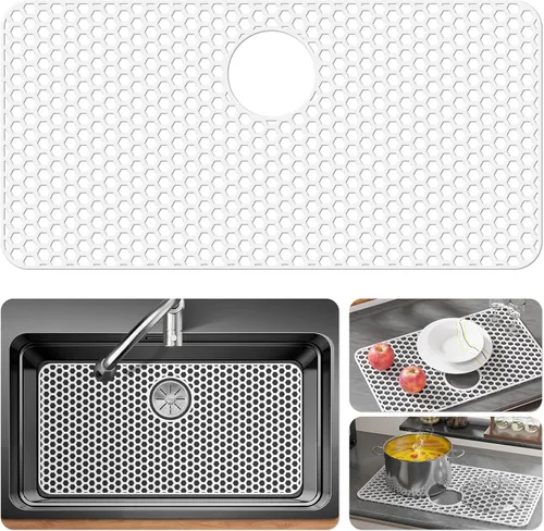 Miniatura 16 de Bestjing Tapete de silicona para fregadero - Protectores para fregadero de cocina con drenaje central, accesorio de rejilla de cocina de 26" x 14