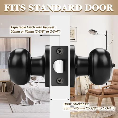 Miniatura 4 de Probrico - Picaporte redondo para puerta con cerradura de seguridad, sin llave, para privacidad y paso, color negro Disponible-609BK, Negro