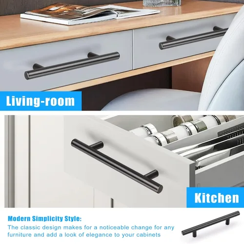 Miniatura 4 de Tiradores de gabinete de acero inoxidable con acabado negro moderno estilo euro redondo barra en T, cocina gabinete manijas cajones pomos - paquete