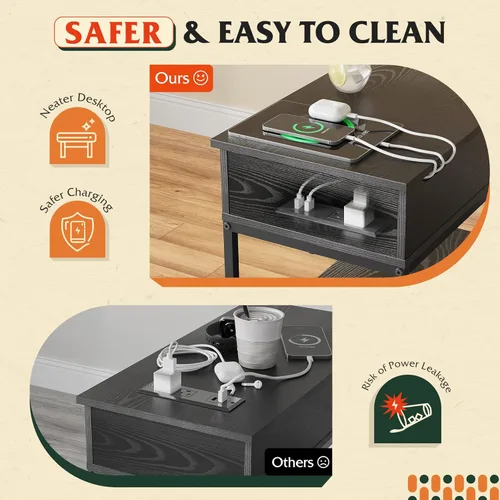 Miniatura 5 de WLIVE Mesa auxiliar estrecha con 2 puertos USB y 2 tomacorrientes, mesa auxiliar negra con cajón y estantes de almacenamiento, mesita de noche