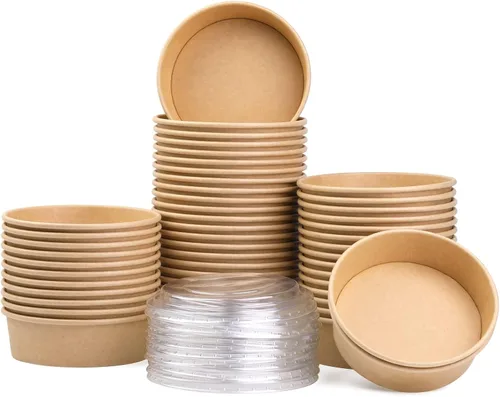 Paquete de 50 cuencos redondos desechables de papel kraft de 17 onzas, recipientes desechables para alimentos con tapas para ensalada dietética,