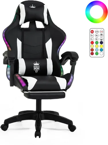 Miniatura 13 de Silla de juegos RGB con reposapiés, silla de juegos de computadora con luces LED para adultos, silla reclinable con reposacabezas ajustable, soporte
