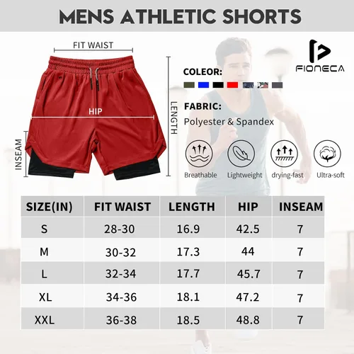 Miniatura 7 de FIONECA 2 in 1 Mens Shorts Casual 2 Pack, Running Gym Shorts for Men 7 Inch, Workout Shorts Men with Pockets &Towel Loop