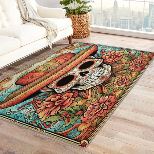 Miniatura 9 de Alfombra de Día de los Muertos de 2 x 3 pies, alfombra mexicana para entrada, alfombra de día de los muertos, decoración de habitación de niños