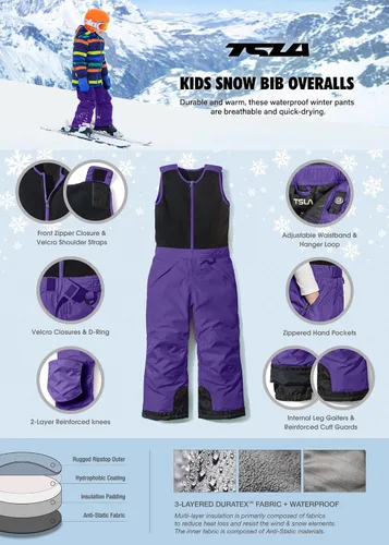 Miniatura 4 de TSLA - Overol con peto invernal para bebés, niñas y niños pequeños, para nieve, snowboard y esquí, de tela antidesgarro Ripstop, impermeable